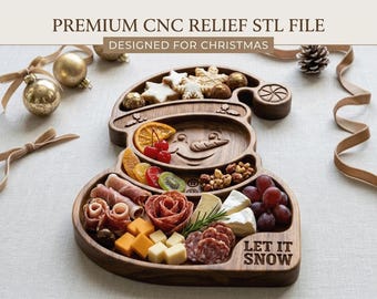 May include: A wooden serving tray shaped like a snowman wearing a hat, featuring carved compartments filled with assorted meats, cheeses, fruits, and nuts. The tray includes the engraved text PREMIUM CNC RELIEF STL FILE, DESIGNED FOR CHRISTMAS, and LET IT SNOW.