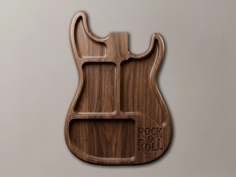Electric guitar valet tray STL file and catchall organizer model for CNC routers and 3D printers. High-detail relief digital download designed for music lovers, guitarists, and man cave decor projects. Perfect woodcarving pattern and CNC router file for crafting custom musician gifts and desktop accessory storage.
