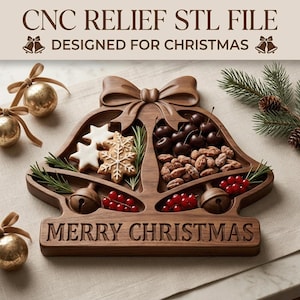 May include: A wooden serving tray shaped like two bells with a bow on top and the text MERRY CHRISTMAS carved at the base. The tray is divided into sections containing star-shaped cookies, cherries, nuts, and red berries, with sprigs of greenery.