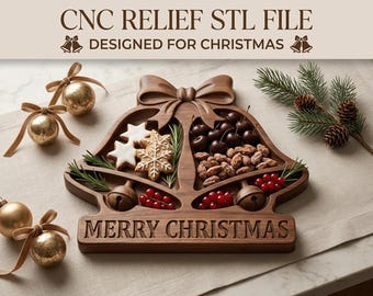 Christmas Bell Tray STL File, Divided Holiday Serving Platter, CNC Router Wood Carving Model, 3D Print Candy Catchall