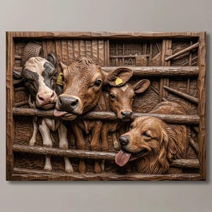 Rilievo di mucche e golden retriever in stile fattoria | Decorazione rustica da fattoria | Quadro con animali, regalo per amanti dei cani | File STL per fresatrice CNC e stampante 3D