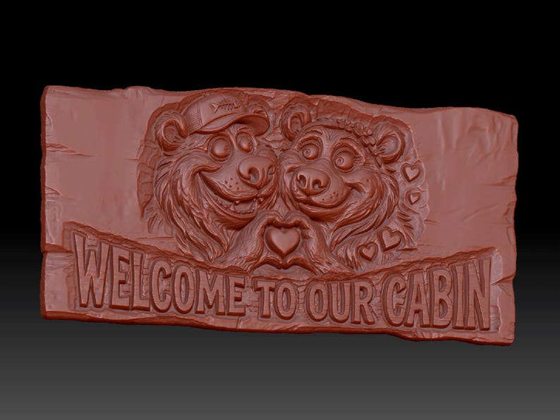 Bear Couple Welcome Cabin Sign | CNC Relief Carving | Woodworker Gift Idea | Rustic Farmhouse Wall Art | 3D Print STL Model image 3