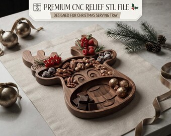 Reindeer Tray 3D Relief STL | Christmas Snack Platter CNC Router File | Deer Catchall Board Model | Holiday Woodworking Digital Download