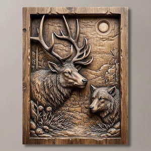 Elk and Wolf Moon STL for CNC | Rustic Cabin Lodge Decor 3D Bas Relief Model | Hunting Trophy Wall Art | Wilderness Digital Download File