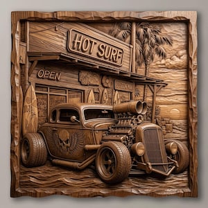 May include: A square wooden wall carving featuring a hot rod car with a skull and wing graphic on the door, parked in front of a building with a sign that reads HOT SURF. The scene includes surfboards, a palm tree, and a sunset in the background.