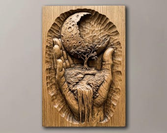 Surreal Hands Tree of Life 3D Relief File, Moon & Waterfall Carving for CNC Projects