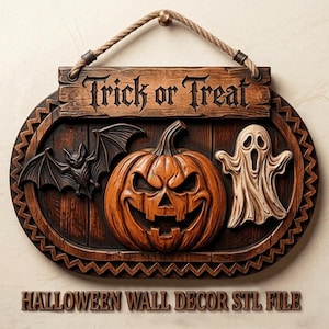May include: An oval wooden wall sign featuring the text Trick or Treat. The sign displays a carved jack-o'-lantern, a bat, and a ghost. It is suspended by a thick rope. Below the sign, the text HALLOWEEN WALL DECOR STL FILE is visible.