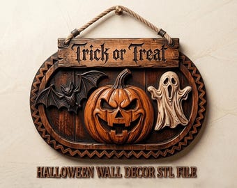 Halloween-relief STL-fil | Bus eller godis pumpa fladdermus spöke väggdekor | 3D basrelief CNC-fräsdesign | Digital CNC-träsniderifil