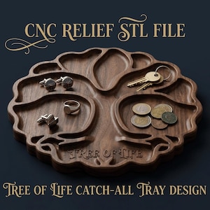 Puede incluir: Una bandeja organizadora de madera marrón oscuro con forma de árbol y compartimentos tallados. El texto CNC RELIEF STL FILE y TREE OF LIFE CATCH-ALL TRAY DESIGN aparece en dorado. La bandeja contiene gemelos, un anillo, llaves y varias monedas.