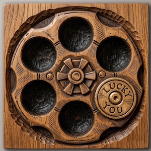 May include: A square wooden wall plaque carved to resemble a revolver cylinder with five circular indentations and a central gear-like detail. One indentation features a raised circular emblem with the text LUCKY YOU embossed in the centre.
