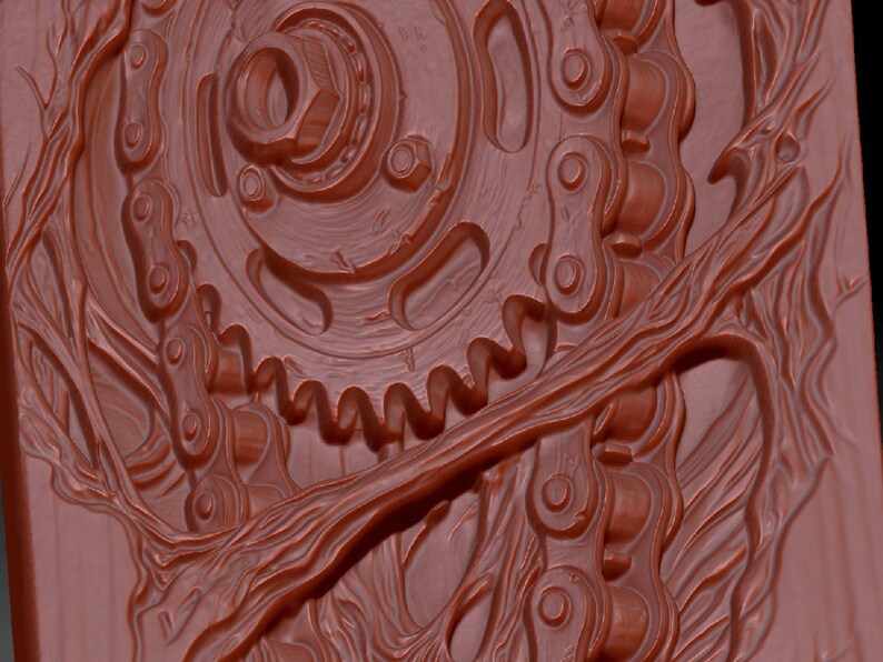 May include: A monochromatic reddish-brown relief sculpture featuring a central mechanical gear assembly integrated with a metal drive chain, surrounded by intricate, flowing organic branch-like patterns carved into the surface.