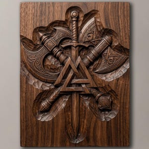 Peut inclure: Une plaque murale rectangulaire en bois brun foncé présentant une sculpture en relief profond d'une épée centrale placée verticalement derrière un symbole valknut triangulaire, flanquée de deux haches de combat ornées aux motifs géométriques.