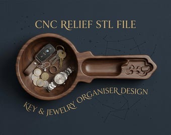 Key & Jewelry Tray CNC Relief File | Wooden Catchall Organizer STL Model | Entryway Decor Woodworking Design for CNC Router
