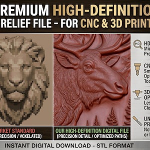 K&ouml;nnte beinhalten: Eine digitale Produktwerbung f&uuml;r hochaufl&ouml;sende STL-Reliefdateien f&uuml;r CNC und 3D-Druck. Sie vergleicht einen verpixelten L&ouml;wenkopf mit einem detaillierten Hirschkopf und enth&auml;lt Text zu HD-Details, CNC-Eignung und 3D-Druck-Optimierung.
