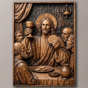 May include: A rectangular wooden wall carving depicting a group of figures at a table. A central figure with a halo holds a chalice and a round bread. Other figures surround the table with a pitcher, a bowl of fruit, and a hanging lamp.