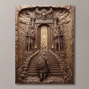 Puede incluir: Un relieve decorativo de pared en tonos madera marrón que muestra a un guerrero subiendo escaleras de piedra hacia una gran puerta con la inscripción VALHALLA. La escena incluye dos estatuas laterales, un emblema de calavera alada y una puerta dorada brillante.