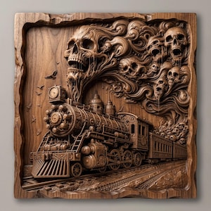 Puede incluir: Una talla de madera cuadrada para pared que muestra una locomotora de vapor detallada sobre vías. Sobre el tren, patrones de humo arremolinado forman varias calaveras humanas. La pieza está realizada en un tono madera marrón con relieve.