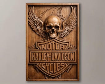 Biker Skull Emblem 3D Relief STL File | Motorcycle Club Wall Art CNC Router | Garage Man Cave Decor |  Wood Carving Design | 3D Print Model