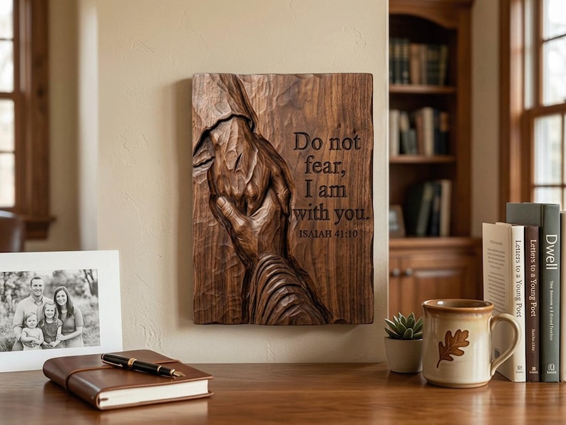Digital STL file preview of a 3D wood-style relief: Jesus' scarred hand holds a seeking hand beside the verse Do not fear, I am with you, Isaiah 41:10. Christian faith wall art for CNC router files, 3D print model, laser engraving, prayer room decor, church decor, religious decor, baptism or recovery gift.