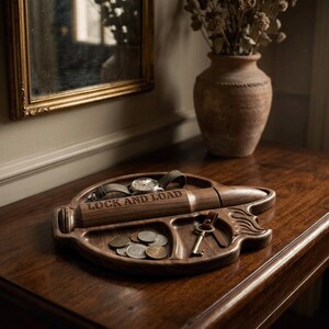 High-resolution CNC relief stl file for a tactical bullet valet tray. The model features deeply carved compartments for an EDC dump tray, holding a military-style watch, US coins, and keys. The central bullet relief is engraved with "LOCK AND LOAD." This detailed 3D woodworking file is perfect for creating custom man cave catchall tray gifts.