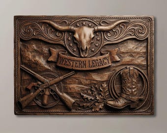 Western Cowboy Skull CNC STL File | Rustic Lodge Wall Art Model | Men Cave Gift for Husband Dad | 3D Bas Relief Wood Carving Router File