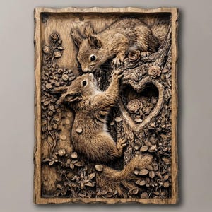 Könnte beinhalten: Eine rechteckige Wandplatte aus Holz mit einer detaillierten Reliefschnitzerei von zwei Eichhörnchen, die an einem Baumstamm interagieren. Das Design enthält eine herzförmige Vertiefung im Holz, umgeben von geschnitzten floralen Elementen.
