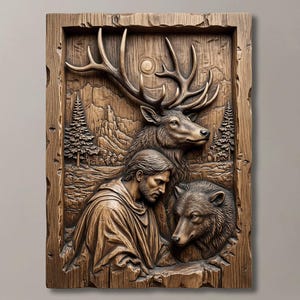 Elk Deer and Wolf STL for CNC | Saint Hubert Hunter 3D Bas Relief Model | Wildlife Forest Nature Wall Art | Digital Download File