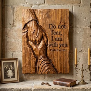 Digital STL file preview of a 3D wood-style relief: Jesus' scarred hand holds a seeking hand beside the verse Do not fear, I am with you, Isaiah 41:10. Christian faith wall art for CNC router files, 3D print model, laser engraving, prayer room decor, church decor, religious decor, baptism or recovery gift.