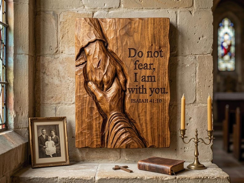 Digital STL file preview of a 3D wood-style relief: Jesus' scarred hand holds a seeking hand beside the verse Do not fear, I am with you, Isaiah 41:10. Christian faith wall art for CNC router files, 3D print model, laser engraving, prayer room decor, church decor, religious decor, baptism or recovery gift.
