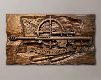 Barrett-Scharfschützengewehr 3D-Relief (STL) | Amerikanische Flagge & Fadenkreuz (CNC-STL-Dateien) | Militär-Holzkunstwerk „Ein Schuss, ein Treffer“ | Digitales Download-Modell