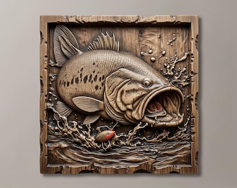 Könnte beinhalten: Eine quadratische Wandplatte aus Holz mit einem Hochrelief-Schnitzwerk eines Forellenbarsches, der aus dem Wasser springt. Der Fisch hat ein offenes Maul und befindet sich über einem kleinen, rot akzentuierten Angelköder, umgeben von Schnitzereien.