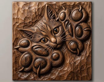 3D Cat Paw Relief STL File for CNC Router Wood Carving | Kitten Paw Print Bas Relief Model 3D Print File | Rustic Farmhouse Pet Wall Art