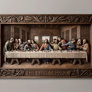 Könnte beinhalten: Eine rechteckige Wandtafel aus Holz mit einem detaillierten Reliefschnitzwerk des Abendmahls. Die Szene zeigt dreizehn Figuren, die an einem langen Tisch mit einer Tischdecke sitzen. Der Rahmen ist mit aufwendigen Schnitzereien aus Weintrauben und Weizen verziert.