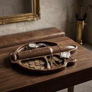 High-resolution CNC relief stl file for a tactical bullet valet tray. The model features deeply carved compartments for an EDC dump tray, holding a military-style watch, US coins, and keys. The central bullet relief is engraved with "LOCK AND LOAD." This detailed 3D woodworking file is perfect for creating custom man cave catchall tray gifts.