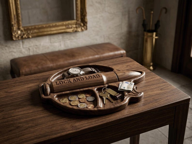 High-resolution CNC relief stl file for a tactical bullet valet tray. The model features deeply carved compartments for an EDC dump tray, holding a military-style watch, US coins, and keys. The central bullet relief is engraved with "LOCK AND LOAD." This detailed 3D woodworking file is perfect for creating custom man cave catchall tray gifts.