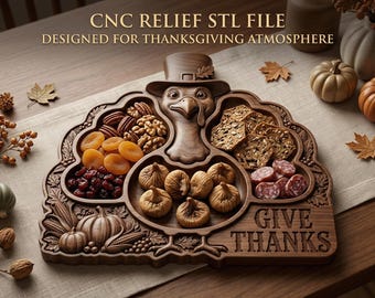 STL-Datei für ein Truthahn-Charcuterie-Brett, CNC-Reliefdatei für ein Serviertablett zum Erntedankfest, 3D-Modell für eine Snackplatte zum Danken (für die Holzbearbeitung)