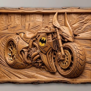 Puede incluir: Un relieve de pared rectangular de madera que presenta una motocicleta detallada con un emblema de murciélago amarillo y negro en el lateral. La obra muestra un fondo texturizado de edificios urbanos y líneas de carretera, con un borde de madera natural.