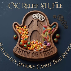 Puede incluir: Una bandeja de madera marrón oscuro con forma de fantasma y recortes para los ojos y la boca. La bandeja tiene el texto "TRICK OR TREAT" tallado en el borde inferior. Está llena de dulces variados, incluyendo maíz dulce y gusanos de goma.