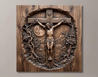 Jesu korsfästelse 3D-relief | CNC-routfil och STL-fil | Religiös present till honom | Rustik bondgårdsdekor | För CNC 3D-skrivare och laser