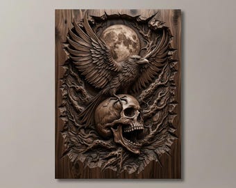 Gotische Raben-Reliefschnitzerei auf Schädel | Wanddekoration im Fantasy-Stil | Gruseliges Holzpaneel als Geschenk | CNC-Fräse & 3D-Druck (STL-Datei)