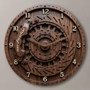 May include: A circular wall clock crafted from dark wood, designed to resemble a car brake rotor and caliper. The clock face features raised light-colored numerals from 1 to 12, with the text "SET-ZORHOE" embossed on the brake caliper component.