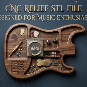 Electric guitar valet tray STL file and catchall organizer model for CNC routers and 3D printers. High-detail relief digital download designed for music lovers, guitarists, and man cave decor projects. Perfect woodcarving pattern and CNC router file for crafting custom musician gifts and desktop accessory storage.