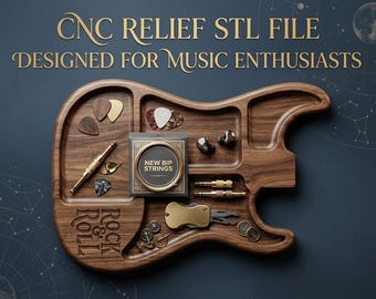 Guitar Pick Tray CNC Relief STL | Electric Guitar Valet Tray for Man Cave | Musician Studio Decor | CNC Router & 3D Printer File