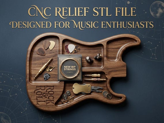 Guitar Pick Tray CNC Relief STL | Electric Guitar Valet Tray for Man Cave | Musician Studio Decor | CNC Router & 3D Printer File