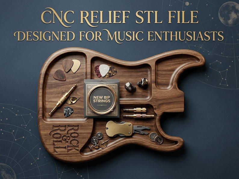Electric guitar valet tray STL file and catchall organizer model for CNC routers and 3D printers. High-detail relief digital download designed for music lovers, guitarists, and man cave decor projects. Perfect woodcarving pattern and CNC router file for crafting custom musician gifts and desktop accessory storage.