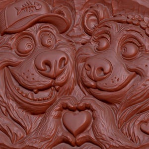 May include: A brown relief carving featuring two cartoon bears side by side. The bear on the left wears a baseball cap with a fish skeleton icon. The bear on the right wears a floral crown. Both bears use their paws to form a heart shape together.