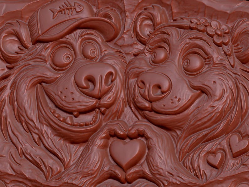 May include: A brown relief carving featuring two cartoon bears side by side. The bear on the left wears a baseball cap with a fish skeleton icon. The bear on the right wears a floral crown. Both bears use their paws to form a heart shape together.