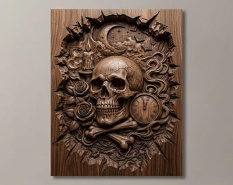 Gothic Skull Rose 3D relief STL | CNC Router File | Mystic Gift for Him | Rustic Wood Wall Art | STL 3D Print Model