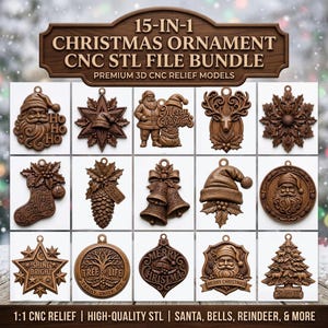 Puede incluir: Un paquete de 15 archivos STL CNC para adornos navideños con modelos en relieve marrón de Santa, renos, campanas, copos de nieve y textos festivos. La colección incluye varios diseños detallados para proyectos de tallado CNC en 3D.