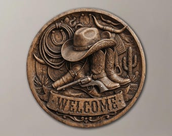 May include: A circular brown wooden wall plaque featuring a relief carving of a cowboy hat, a pair of western boots, a coiled rope, a revolver, a cactus, and a horseshoe. A banner at the bottom displays the word WELCOME in raised lettering.
